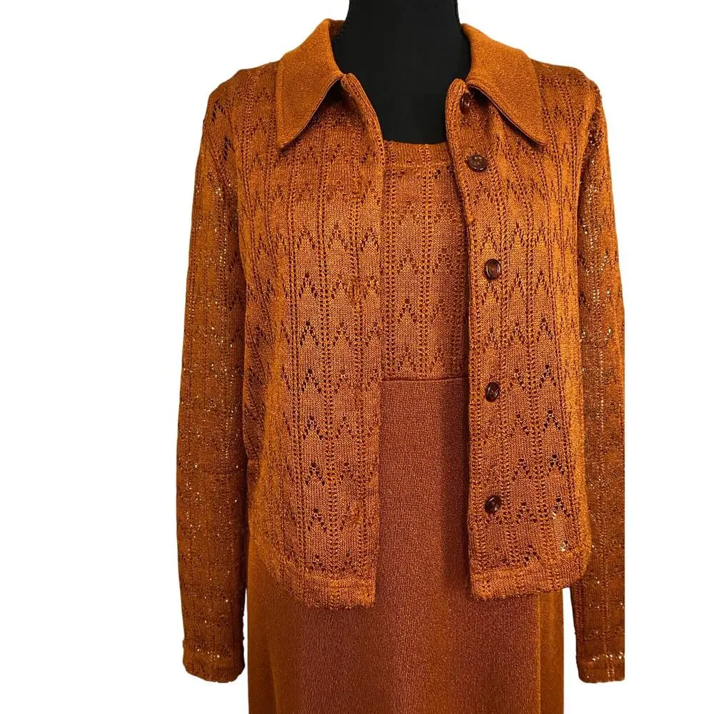 Citi‎ Dress Vintage 90s Burnt Orange Pointelle Knit Maxi Dress & Cardigan Set 10